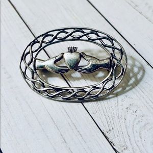 Irish Silver Claddagh  Hand Heart Crown Brooch